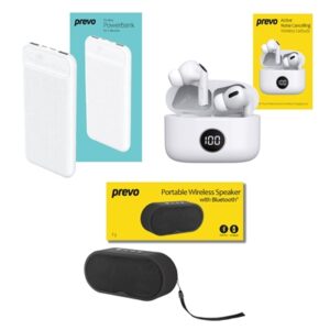 Prevo Travel & School Holiday Entertainment Bundle with Active Noise Cancelling Earbuds, 10000mAh Powerbank & Portable Wireless Speaker